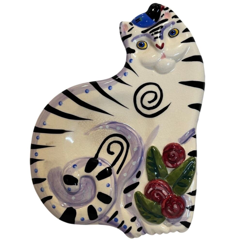 VTG '01 Dana Simson Striped Cat with Bird Spoon Rest or Wall Plaque, Y2K